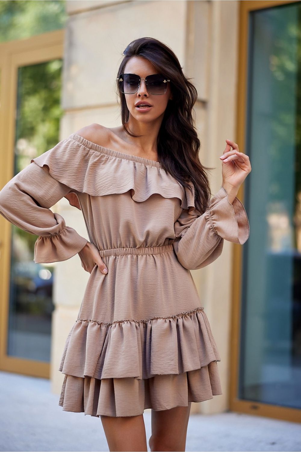 Dienos suknelė roco fashion pilkai oranžinė – moteriškas drabužis